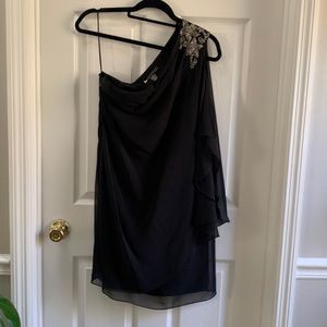 Black chiffon one shoulder cocktail dress, worn once.